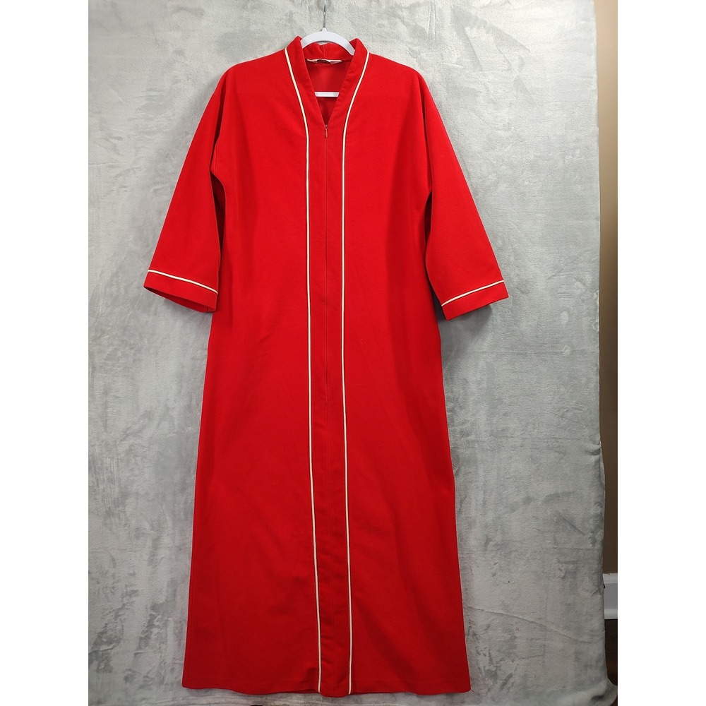 Vintage Vanity Fair Red Velour Zip Front Robe White Piping Made in USA Small